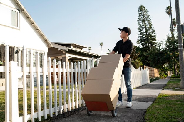 Delivery person getting parcel out for delivery