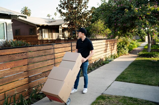 Delivery person getting parcel out for delivery