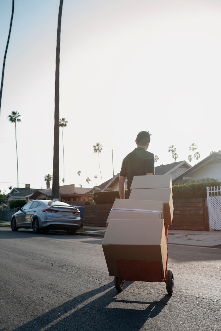 Free Photo delivery person getting parcel out for delivery