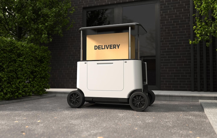 Free Photo delivery robot in front of the house autonomous delivery robotic