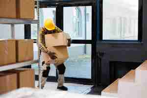 Free photo delivery service african american loader carrying heave cardboard boxes