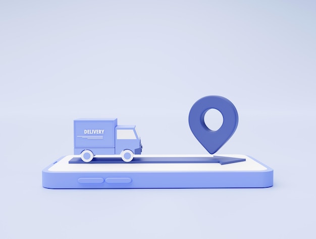 파란색 배경 3d 그림에서 고객 전자 상거래 개념으로 배송되는 위치 포인터가 있는 스마트폰의 배달 트럭