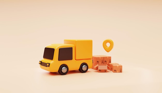 판지 및 위치 핀 추적 무료 배송 빠른 배송 차량이 있는 배달 트럭은 빠른 배송 운송 물류 개념 배경 3d 렌더링 그림을 제공합니다.
