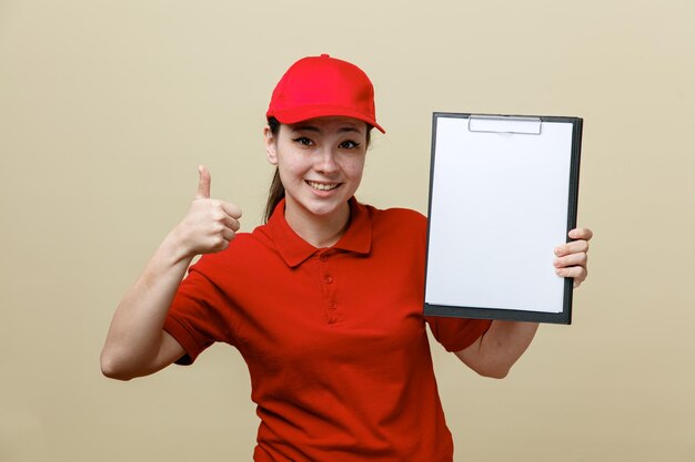 赤い帽子と空白の t シャツの制服を着た配達の女性従業員は、茶色の背景の上に立って幸せで肯定的な笑みを浮かべてカメラを見て空白のページでクリップボードを保持しています