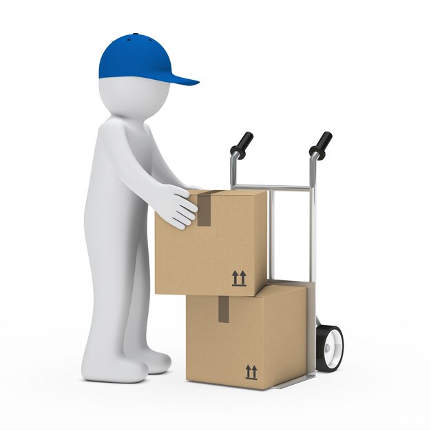 Deliveryman with blue cap moving boxes