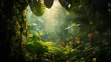 Free photo a dense jungle canopy with vibrant and varied flora hiding mysterious creatures within its shadows