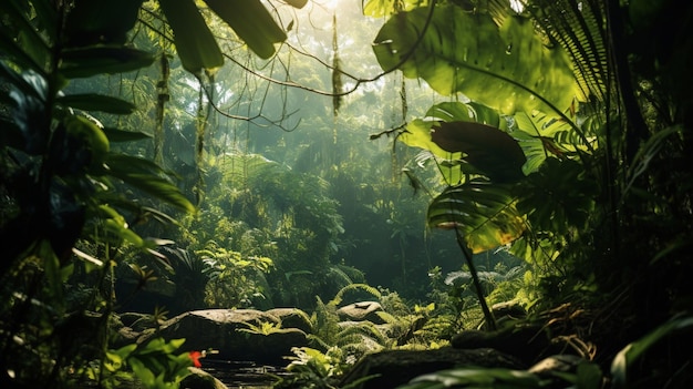 밀집한 정글의 개는 활기차고 다양한 식물로 그 그림자 안에 신비한 생물들을 숨기고 있습니다.