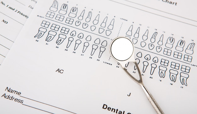 Dental tools and equipment on dental chart