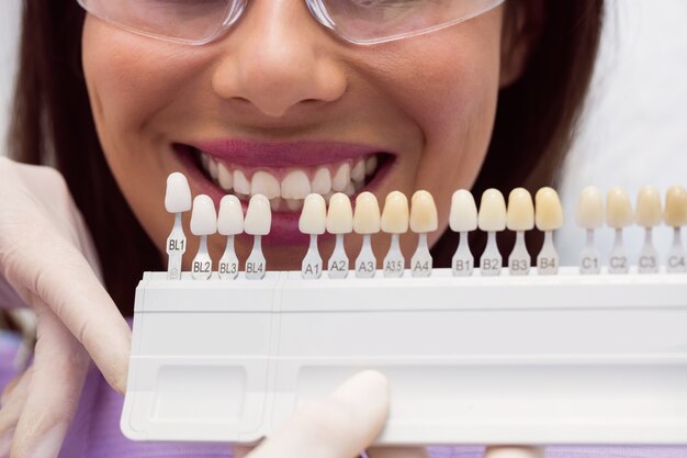 Dentist examining female patient with teeth shades