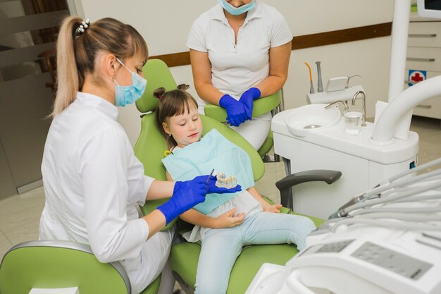 Dentist and girl looking at dentures