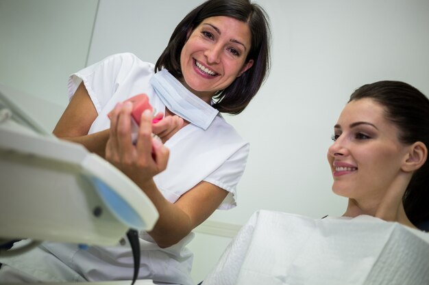 Dentist showing model teeth to patient