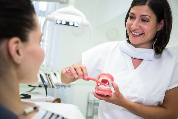 Dentist showing patient how to brush teeth