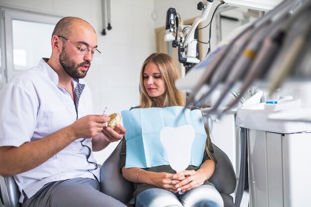 Dentist working on dental jaw near female patient sitting on dental chair