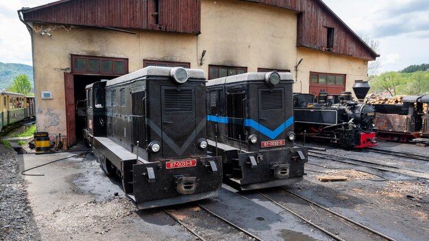 ルーマニアの鉄道駅にある列車のある倉庫