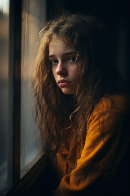 Depressed girl by the window