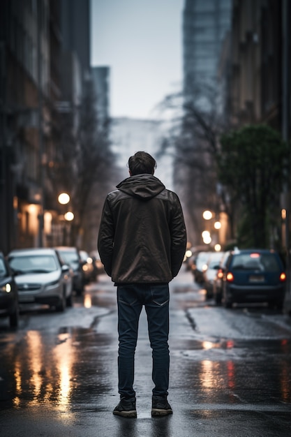 Депрессивный мужчина стоит посреди дороги