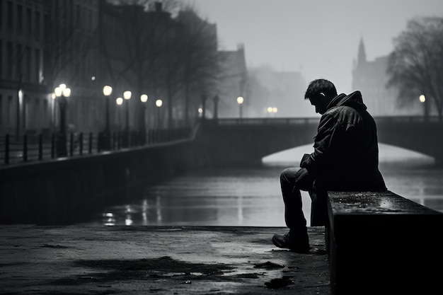 Depressed man standing in the rain