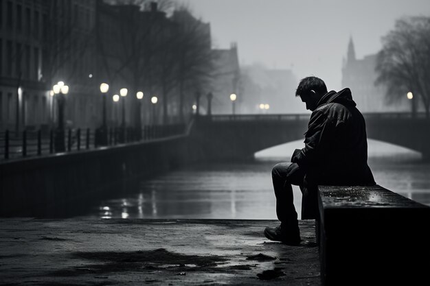 depressed man standing in the rain