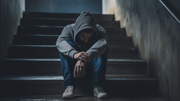 Depressed man standing on stairs