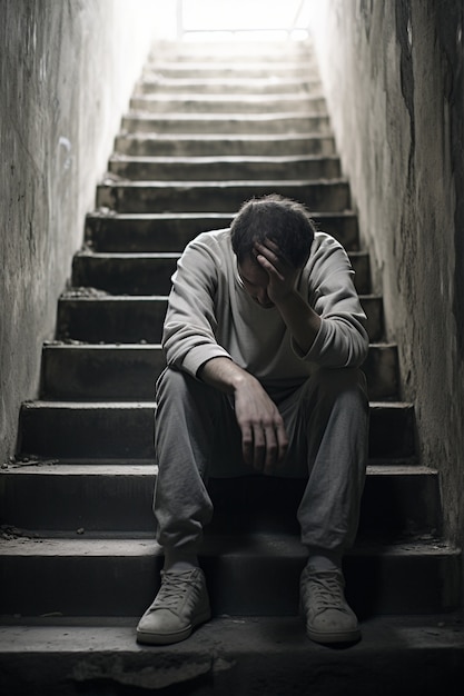 Депрессивный мужчина стоит на лестнице