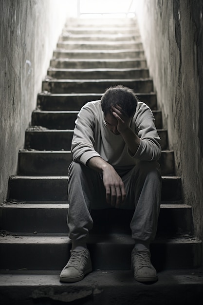 Depressed man standing on stairs