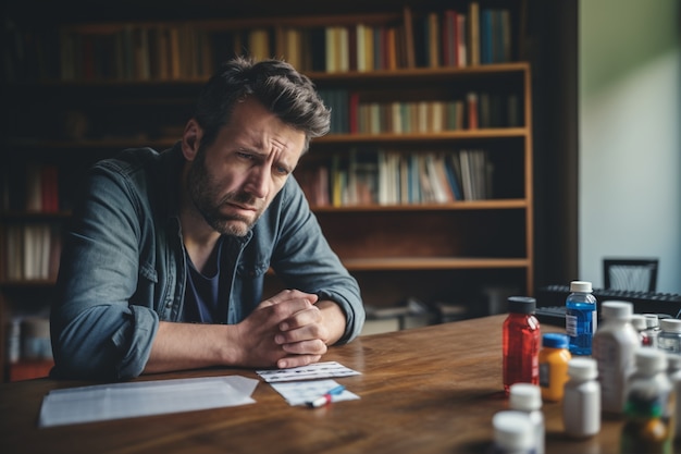 Foto gratuita persona depressa che guarda i suoi farmaci