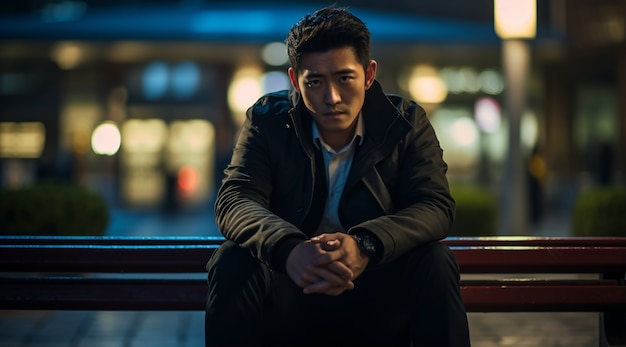 Free photo depressed person sitting alone on bench