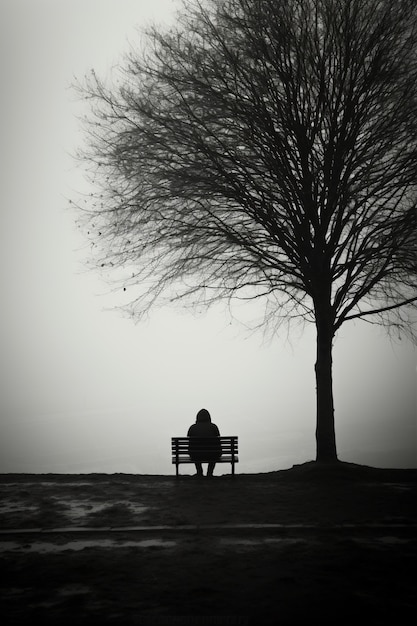 혼자 벤치에 앉아 있는 우울증 환자