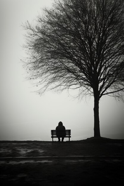 Depressed person sitting alone on bench