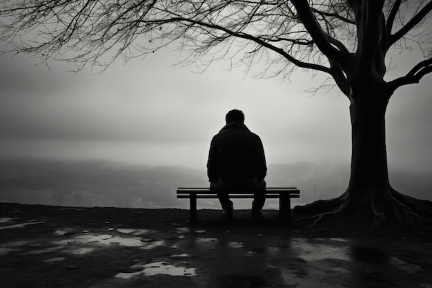 Депрессивный человек сидит один на скамейке