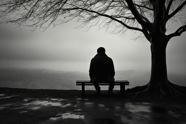 혼자 벤치에 앉아 있는 우울증 환자