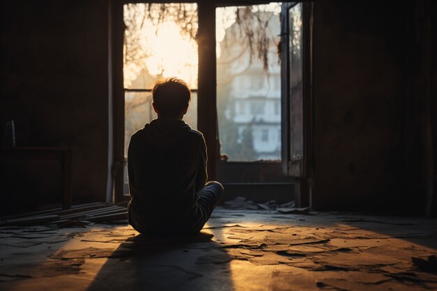 Depressed person sitting by window