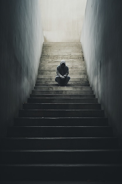 계단에 앉아 우울한 사람