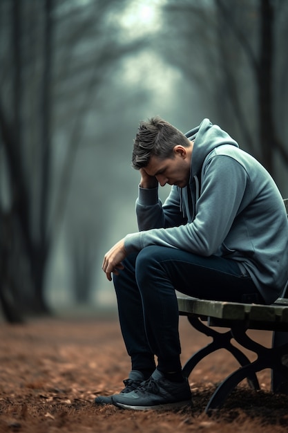 Free photo depressed person standing alone on a bench