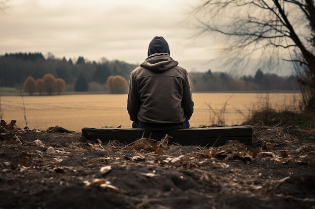 Foto gratuita persona depressa in piedi in riva al lago