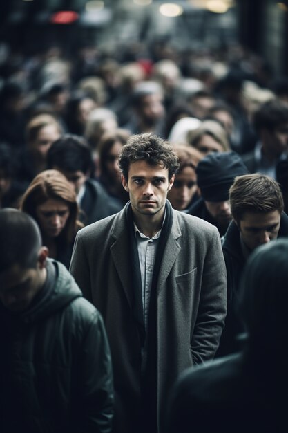 Depressed person standing in the crowd