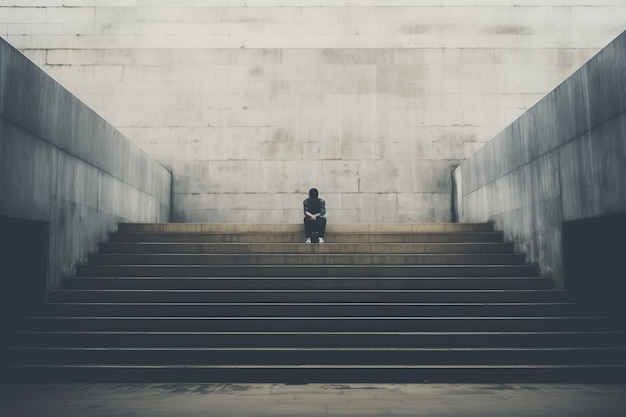 계단에 서 있는 우울한 사람