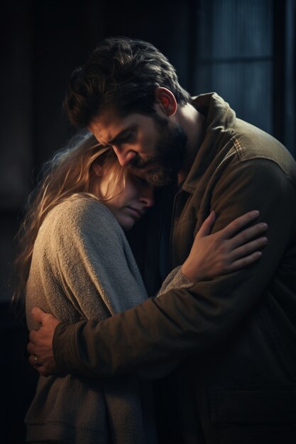 Депрессивная женщина обнимается мужчиной.