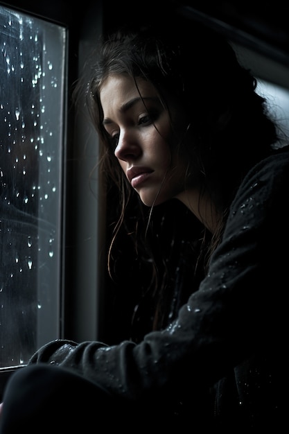 Depressed woman looking at rain