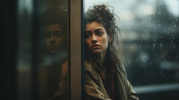Depressed woman looking at rain