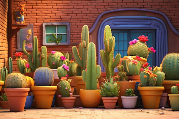 Free photo desert cacti in pots arrangement