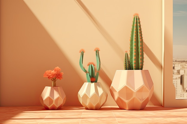 Free photo desert cacti in pots arrangement