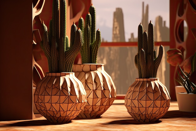 Free photo desert cacti in pots arrangement