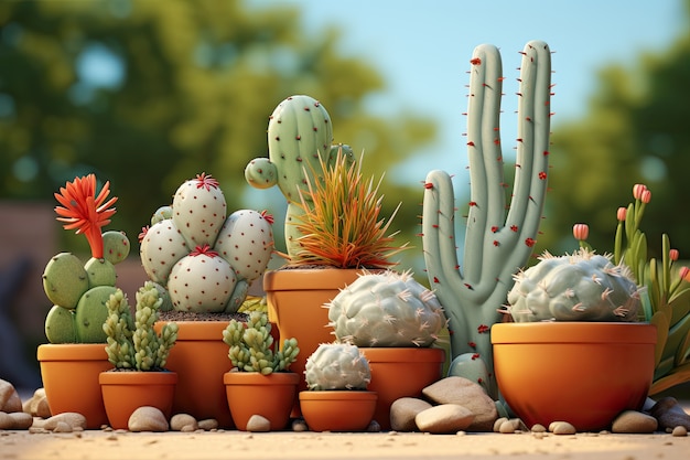 Free photo desert cacti in pots arrangement