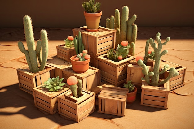 Free photo desert cacti in pots arrangement