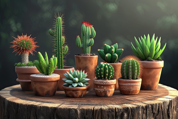 Free photo desert cacti in pots arrangement