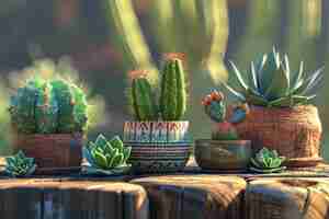 Free photo desert cacti in pots arrangement