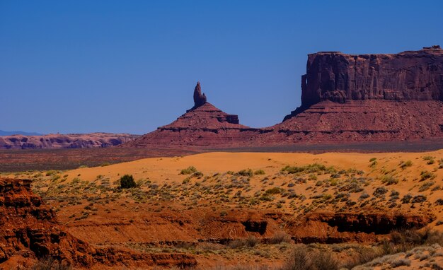 乾燥した茂みと晴れた日に遠くに崖がある砂漠の丘