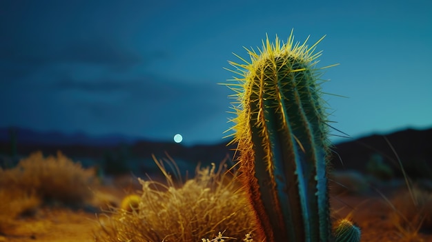 Desert landscape with cacti and night time