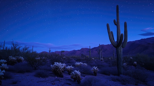 Desert landscape with cacti and night time